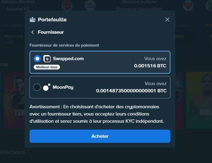 Achat de cryptomonnaies par carte bancaire via MoonPay sur Stake