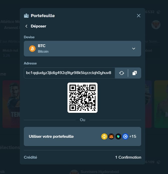 Interface de dépôt crypto sur Stake