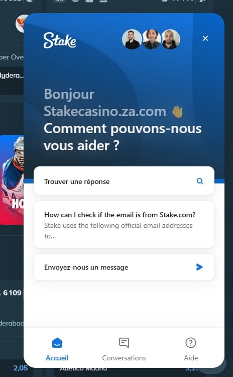 Chat de support client Stake disponible 24h/24 en français